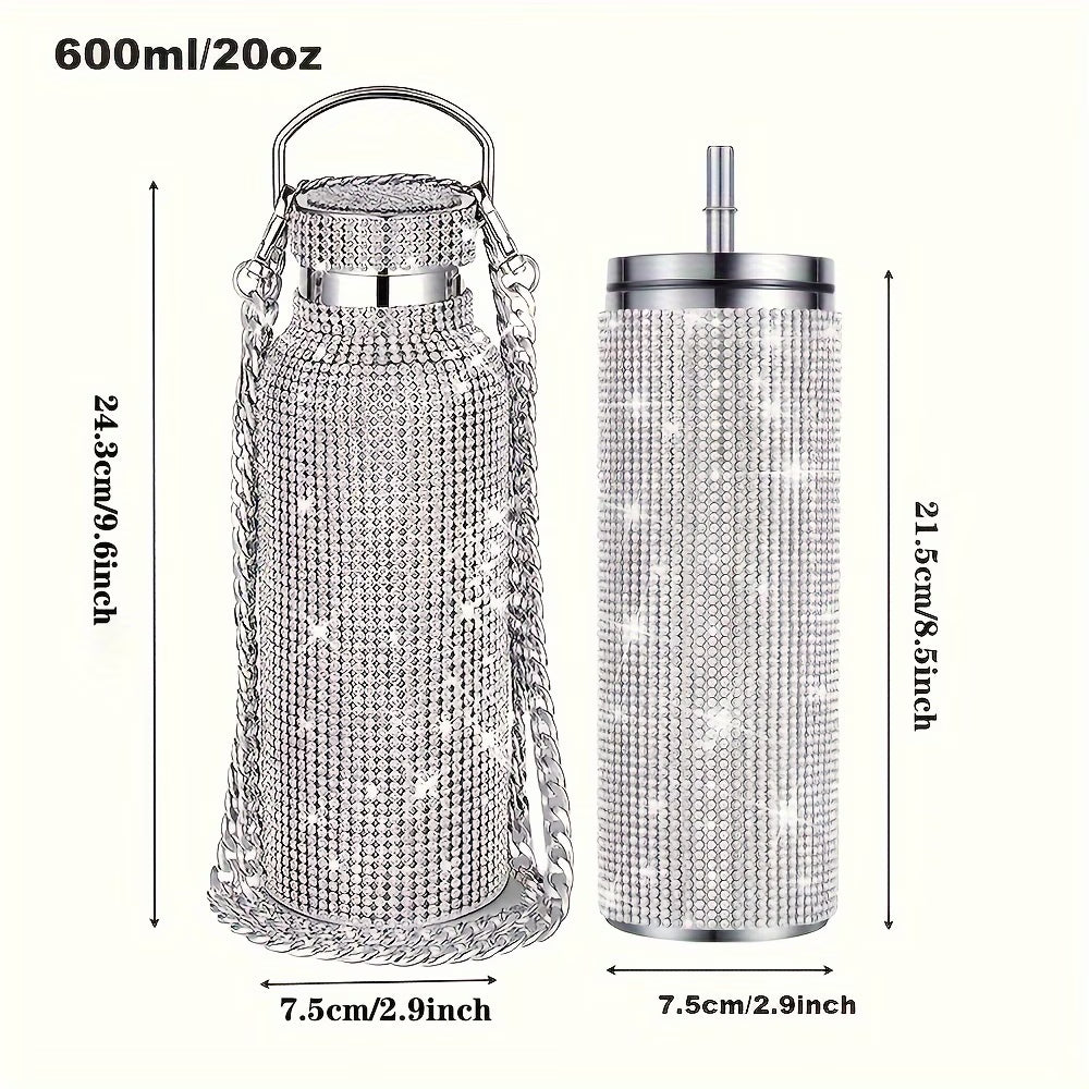 Bling Water Bottle Set – Rhinestone Vacuum Cup Stainless Steel Glitter Thermal Bottle 2pcs Gift Set