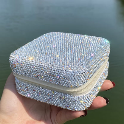 Storage Box – Square Jewelry Organizer with Mirror Luxury Rhinestone Storage Container for Accessories