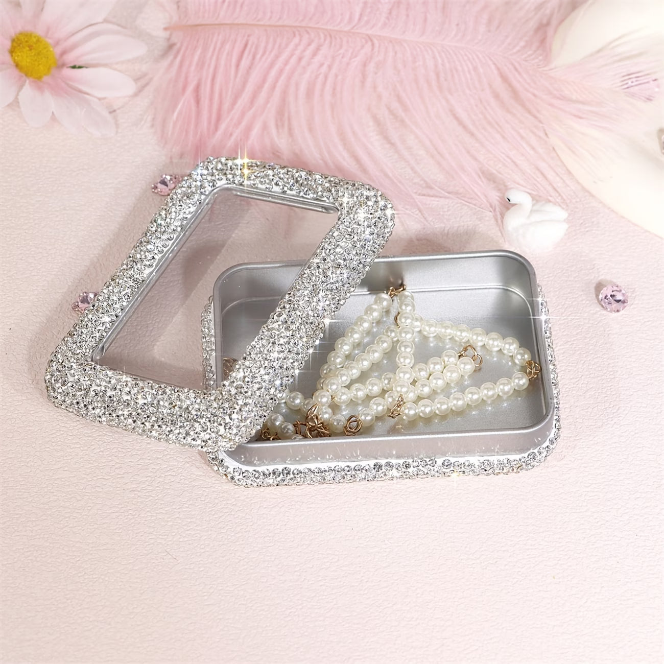 Storage Box – Rhinestone Jewelry Organizing Box Metal Storage Container for Rings & Earrings