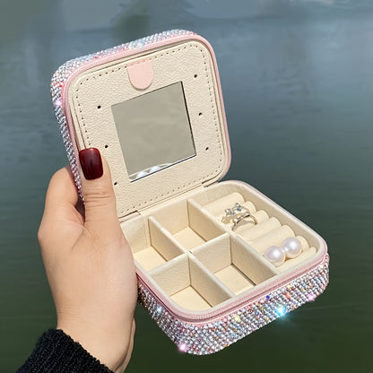 Storage Box – Square Jewelry Organizer with Mirror Luxury Rhinestone Storage Container for Accessories