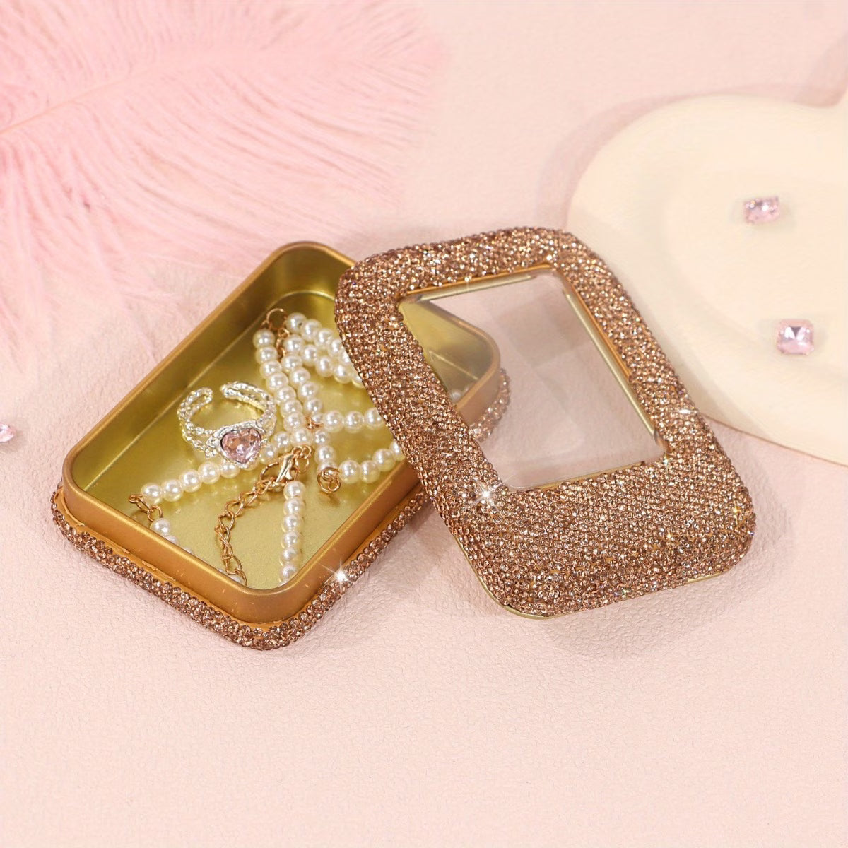 Storage Box – Rhinestone Jewelry Organizing Box Metal Storage Container for Rings & Earrings
