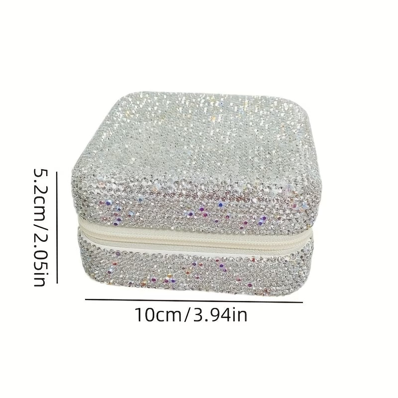 Storage Box – Square Jewelry Organizer with Mirror Luxury Rhinestone Storage Container for Accessories