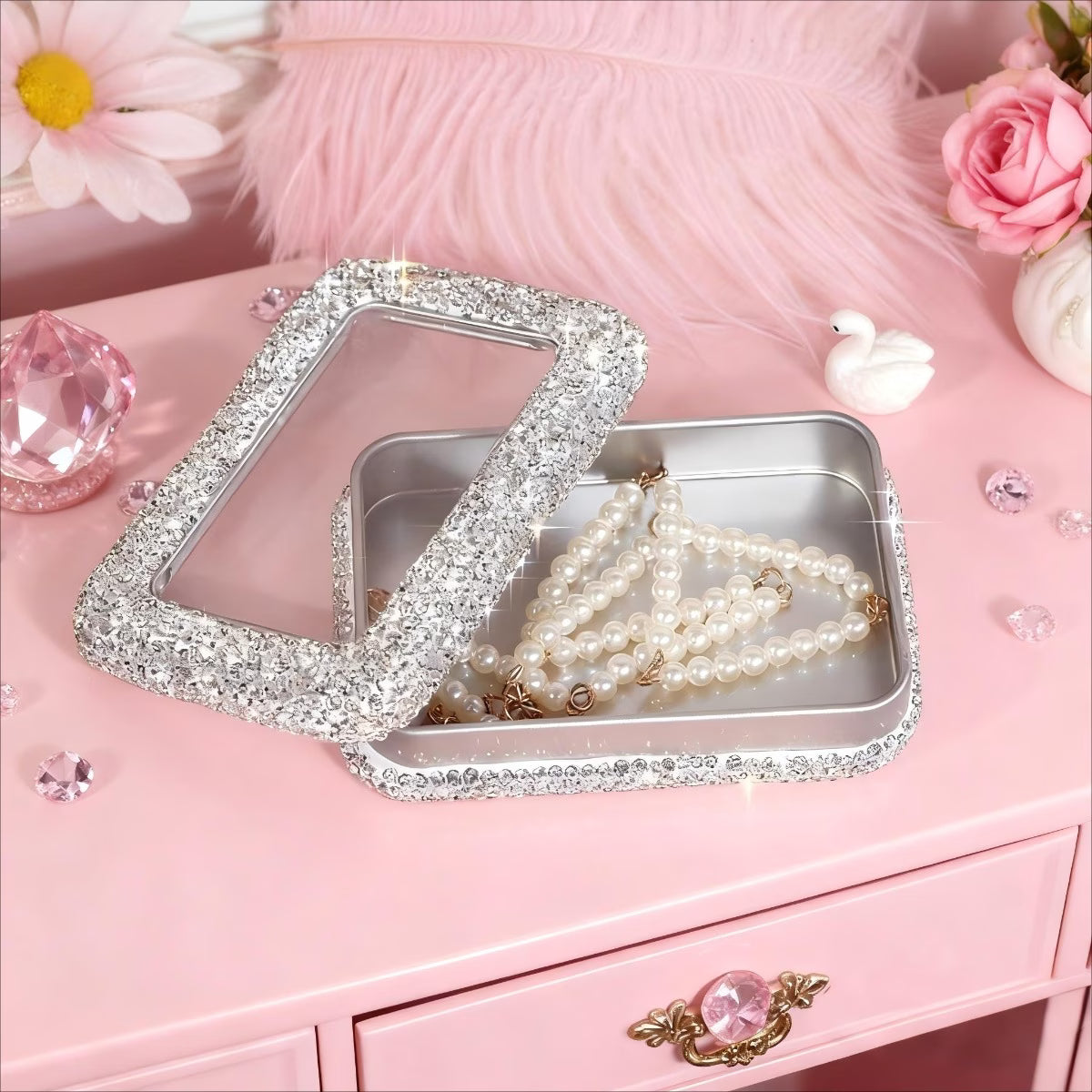 Storage Box – Rhinestone Jewelry Organizing Box Metal Storage Container for Rings & Earrings