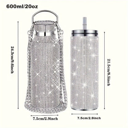 Bling Water Bottle Set – Rhinestone Vacuum Cup Stainless Steel Glitter Thermal Bottle 2pcs Gift Set