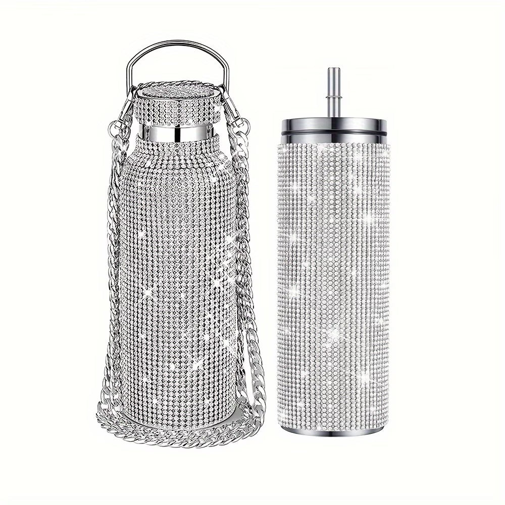 Bling Water Bottle Set – Rhinestone Vacuum Cup Stainless Steel Glitter Thermal Bottle 2pcs Gift Set