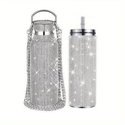 Bling Water Bottle Set – Rhinestone Vacuum Cup Stainless Steel Glitter Thermal Bottle 2pcs Gift Set