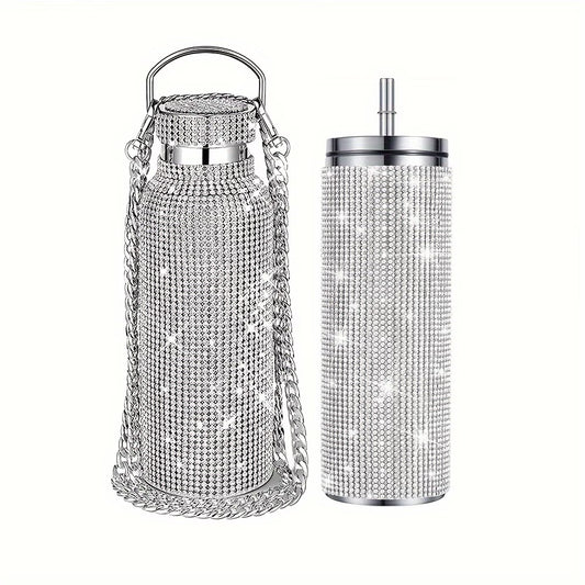 Bling Water Bottle Set – Rhinestone Vacuum Cup Stainless Steel Glitter Thermal Bottle 2pcs Gift Set