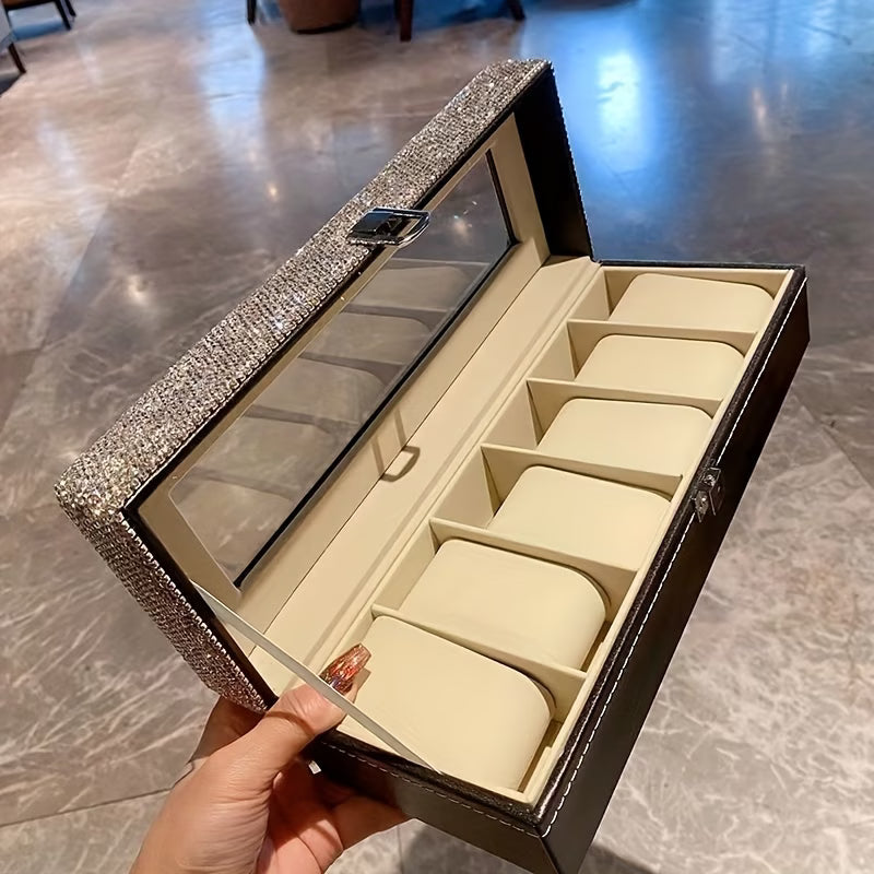 Storage Box – Luxury Rhinestone Watch Organizer Faux Leather Jewelry Storage Container