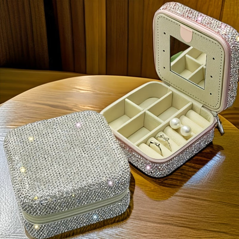 Storage Box – Square Jewelry Organizer with Mirror Luxury Rhinestone Storage Container for Accessories