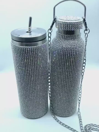 Bling Water Bottle Set – Rhinestone Vacuum Cup Stainless Steel Glitter Thermal Bottle 2pcs Gift Set